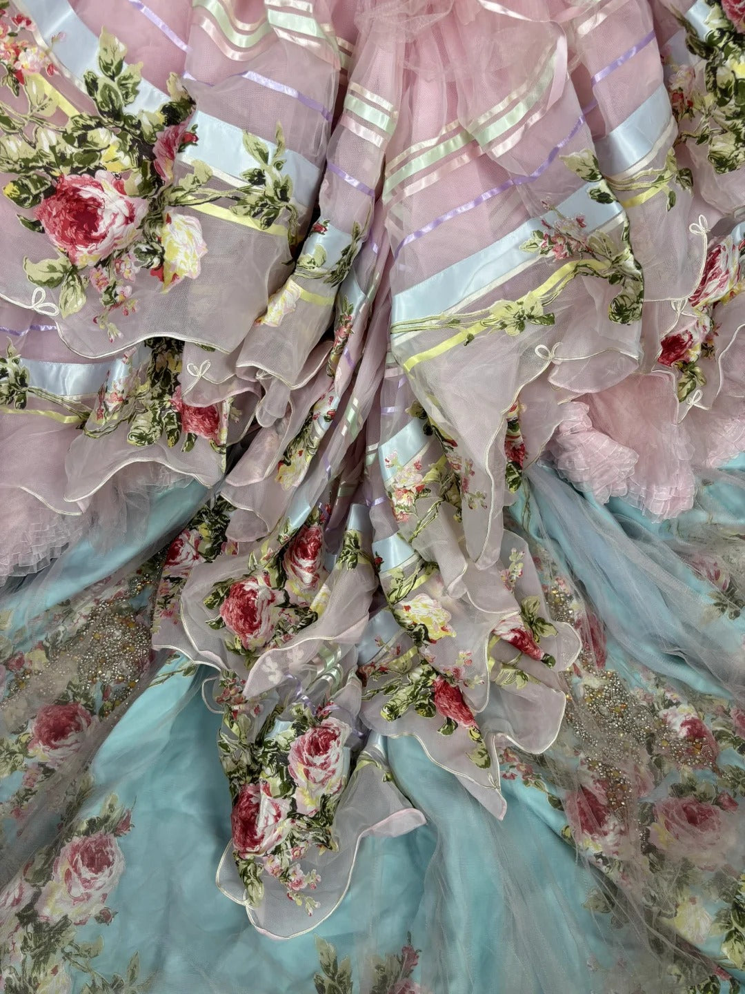 Dramatic Strapless A-Line Tiered Evening Dresses Handmade Flowers Beaded Crystals Applique Prom Dress AP2535