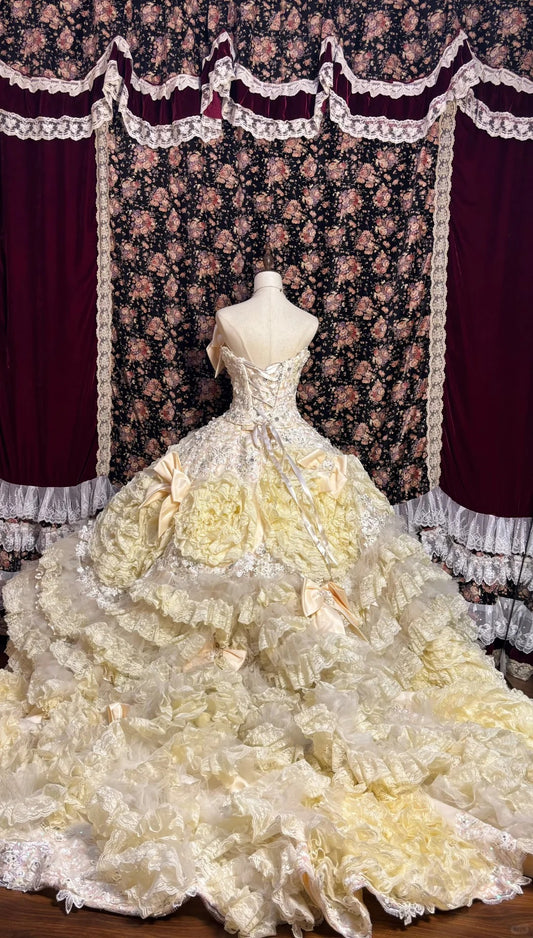 Luxurious Strapless A-Line Evening Dresses Bows Beaded Rhinestone Applique Lace Prom Dress AP2536