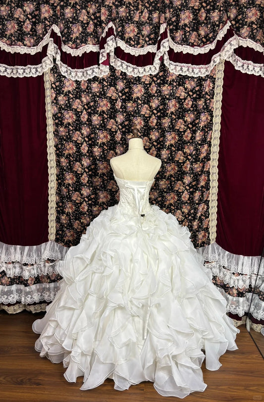 Ornate A-Line Strapless Bridal Gowns Beaded Sequins Ruffled Tulle Wedding Dress AP2551