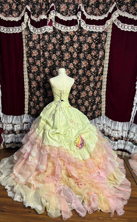 Artistic Strapless A-Line Evening Dresses Sequins Beading Handmade Flowers Bow Prom Dress AP2634