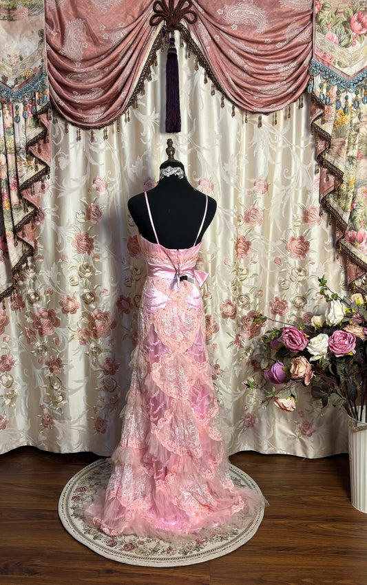 Alluring Spaghetti Strap Sheath Prom Dress Pink Lace Beaded Sequins Bow Formal Dresses AP2671