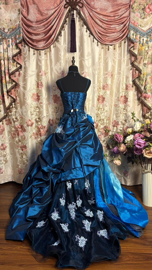 A-Line Prom Dress Spaghetti Strap Appliques Beaded Sequins Handmade Flowers Formal Dresses AP2672