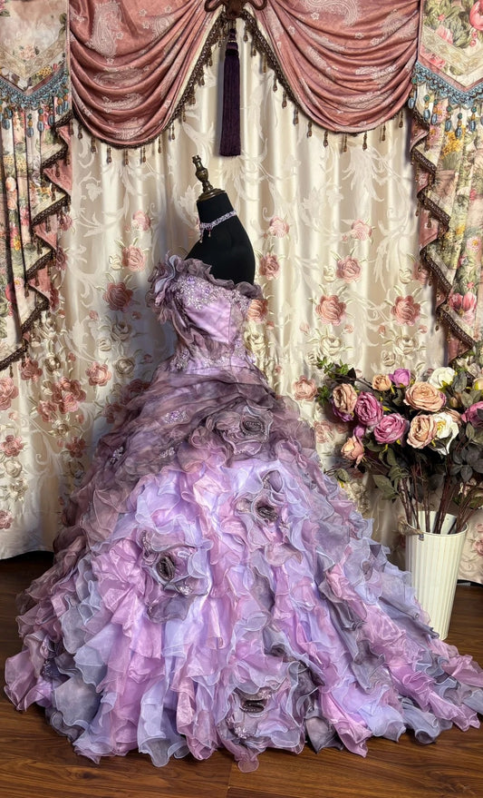 Dramatic Strapless Evening Gowns A-Line Handmade Flowers Sequins Beaded Appliques Ruffled Prom Dress AP2679