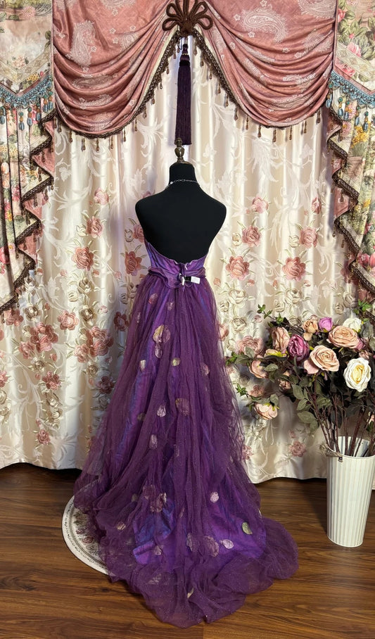 Simple Strapless A-Line Evening Gowns Handmade Flowers Purple Prom Dress AP2688