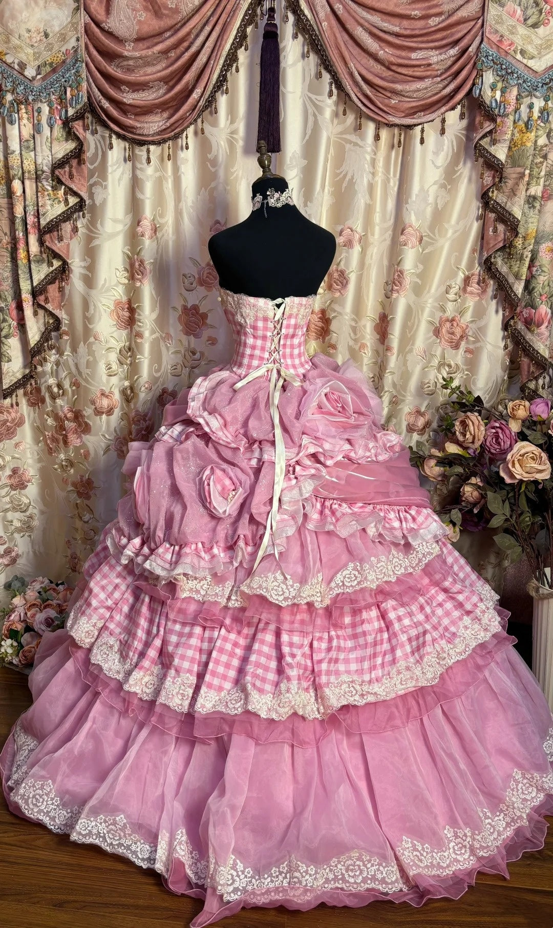 New Pink Plaid Strapless A-Line Evening Gowns Handmade Flowers Sequins Crystals Prom Dress AP2697