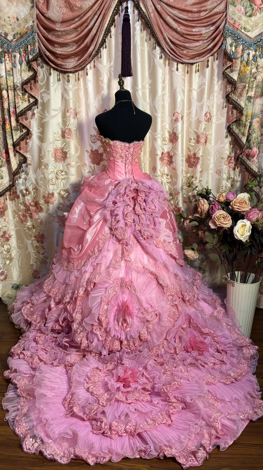 Pretty Strapless A-Line Evening Gowns Handmade Flowers Sequins Beading Appliques Prom Dress AP2700