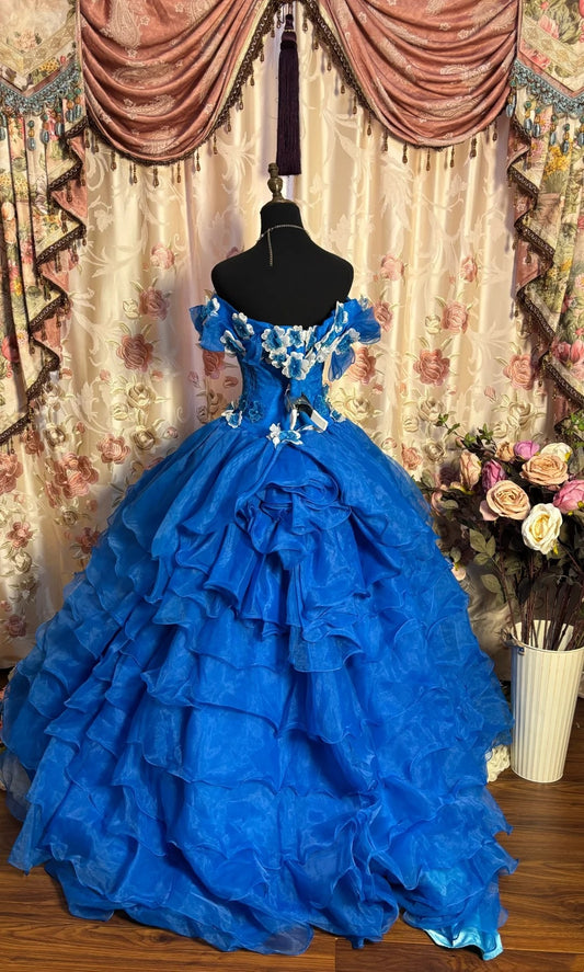 Blue A-Line Off Shoulder Evening Gowns Appliques Beaded Ruffled Prom Dress AP2702