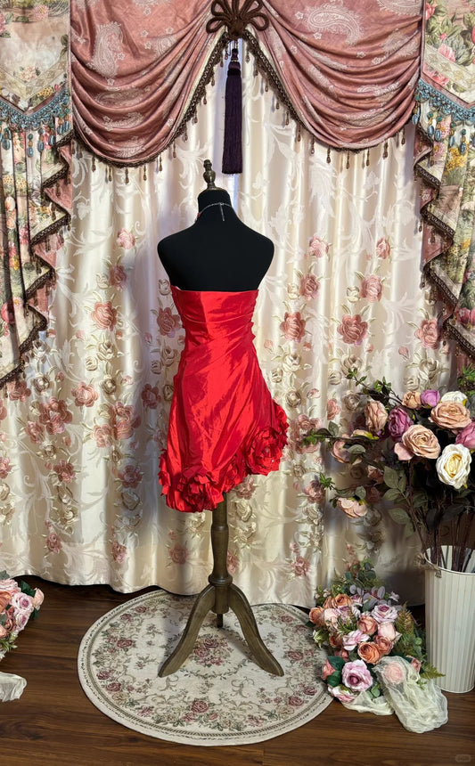 Sexy Strapless Sheath Birthday Outfits Sequins Handmade Flowers Red Homecoming Dress AP2703