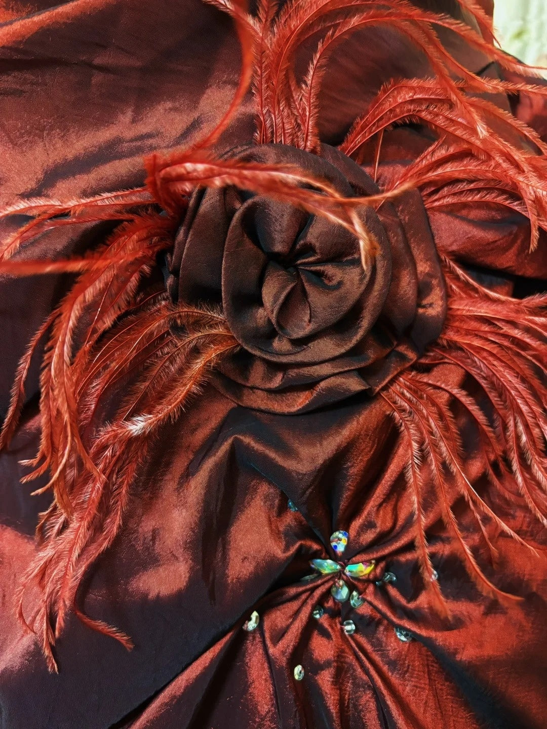 Fantastic Strapless A-Line Evening Dresses Feather Red Handmade Flowers Crystals Prom Dress AP2717