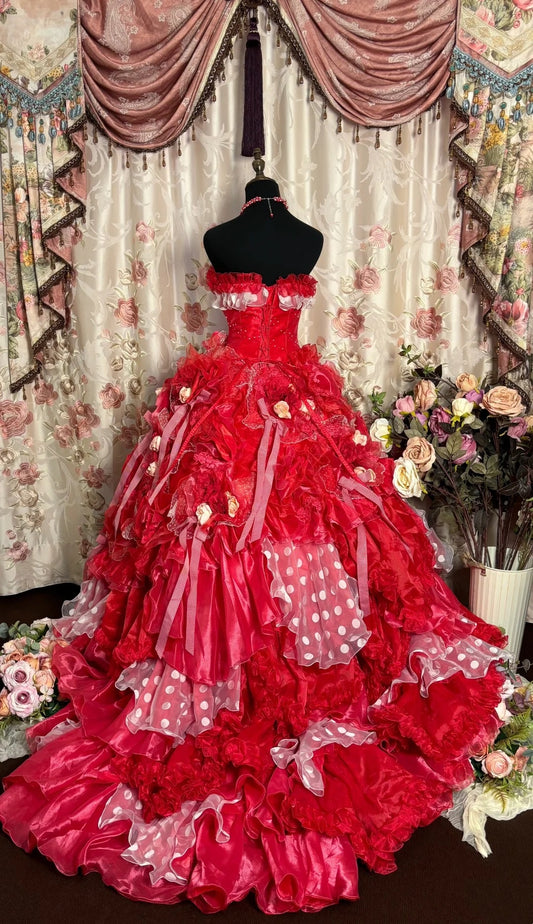 Dopamine Style Strapless A-Line Ruffled Evening Dresses Appliques Beaded Bows Prom Dress AP2739