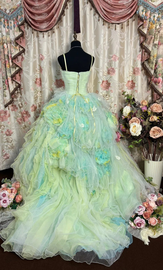 Dopamine Style A-Line Spaghetti Strap Prom Dress Beading Handmade Flowers Sequins Tulle Formal Dresses AP2741