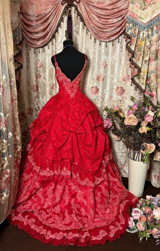 Red Spaghetti Strap A-Line Prom Dress 3D Floral Sequins Appliques Evening Gowns AP2745
