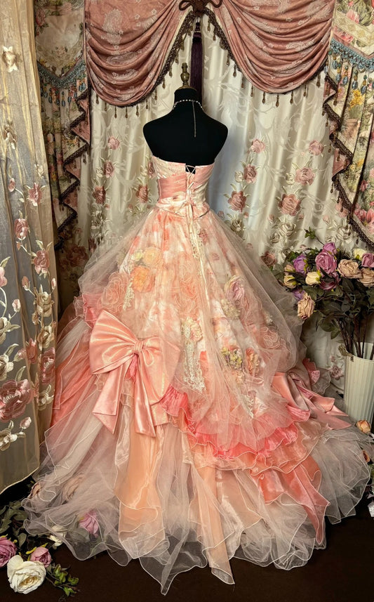 3D Flowers Strapless A-Line Evening Dresses Appliques Bows Sequins Prom Dress AP2748