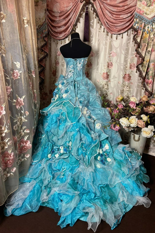 Ornate Strapless A-Line Evening Dresses Handmade Flowers Sequins Beading Prom Dress AP2763