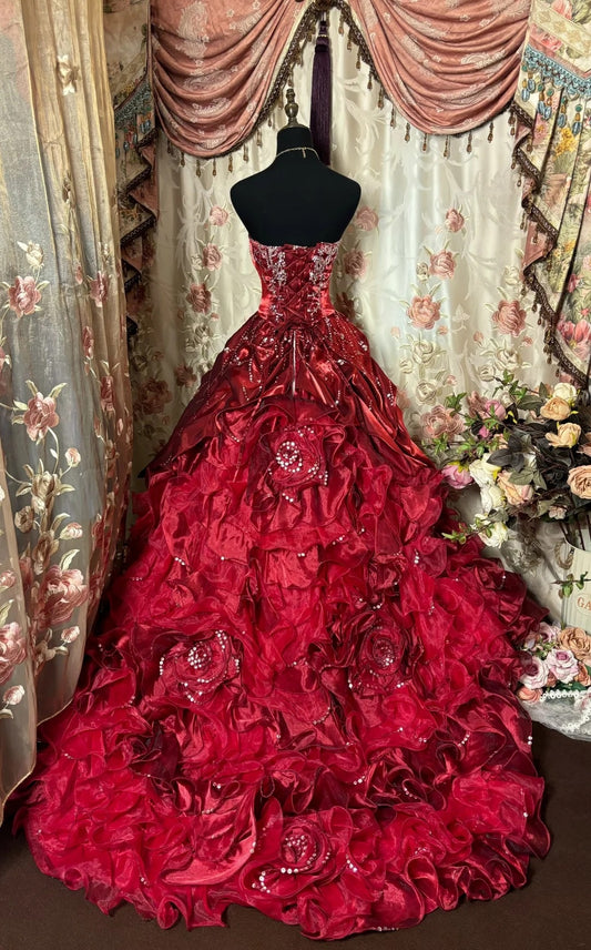 Chic A-Line Strapless Evening Gowns Beading Crystals Sequins Ruched Red Prom Dress AP2766