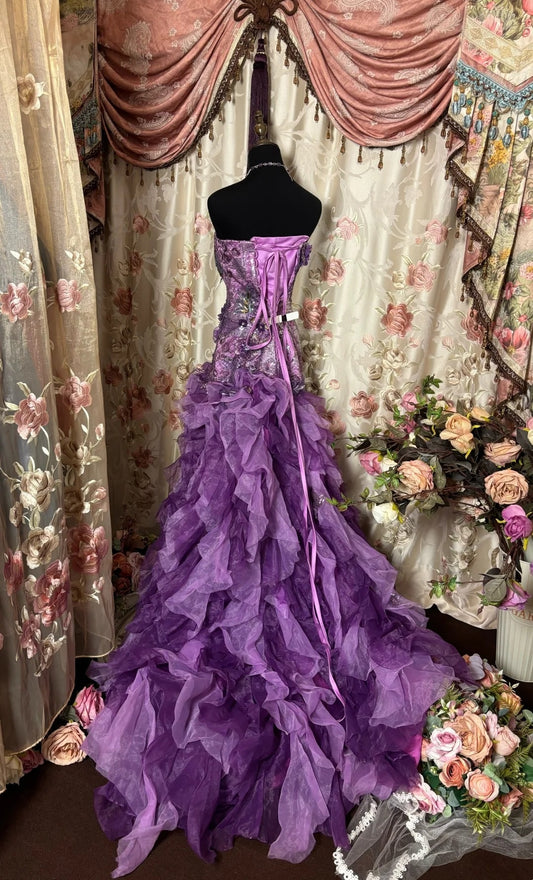 Elegant Strapless Ruffled Mermaid Evening Gowns Appliques Sequins Beaded Purple Prom Dress AP2770