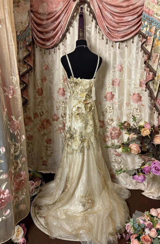 Romantic Mermaid Spaghetti Strap Evening Gowns Appliques Rhinestone Sequins Long Prom Dress AP2818