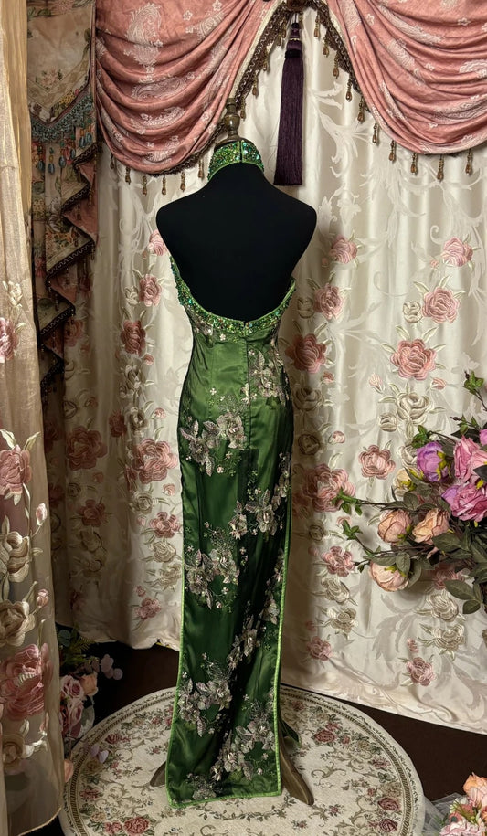 Oriental Sheath Halter Neck Long Evening Gowns Cutout Beading Embroidery Sequins Slit Prom Dress AP2829