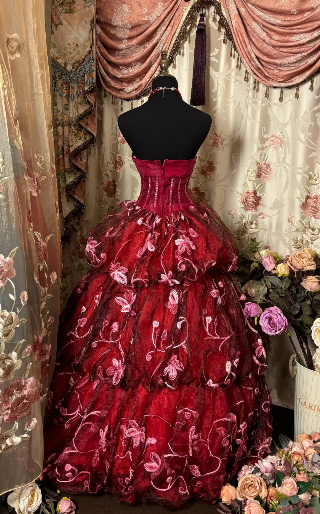 Vintage A-Line Strapless Sweet 16th Gown Red Appliques Sequins Slit Prom Dress AP2832