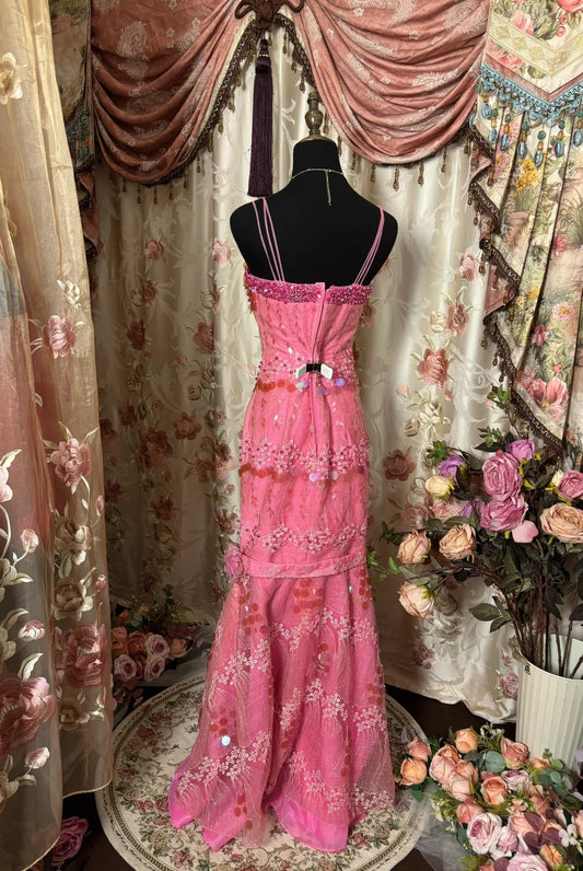 Dopamine Style Spaghetti Strap Mermaid Prom Dress Sequins Applique Tulle Crystals Formal Dresses AP2855