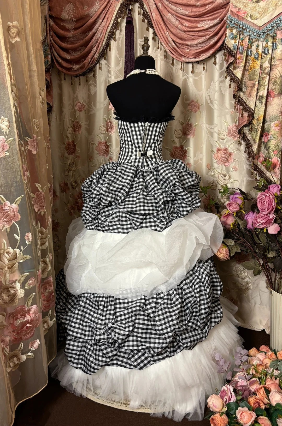 Black & White Plaid A-Line Strapless Sweet 16th Dress Handmade Flowers Bow Prom Dress AP2857