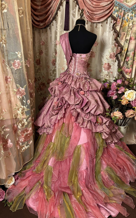 Stylish A-Line One Shoulder Evening Gowns Rhinestone Sequins Handmade Flowers Tulle Prom Dress AP2859