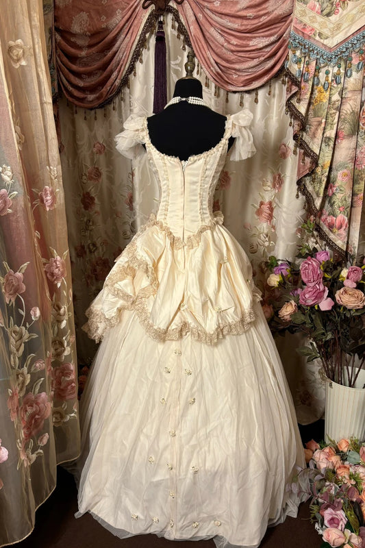 Trendy A-Line Square Neck Prom Dress Appliques Lace Tulle Short Sleeve Evening Dresses AP2863