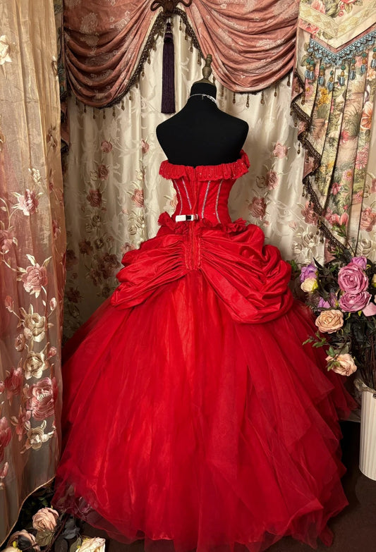 Gorgeous A-Line Strapless Red Sweet 16th Dress Handmade Flowers Sequins Beading Prom Dress AP2892