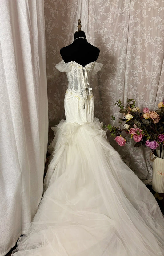 Trendy Off-Shoulder Mermaid Long Dress Sequins Lace Beads Applique Ruffles Tulle Wedding Dress AP2916