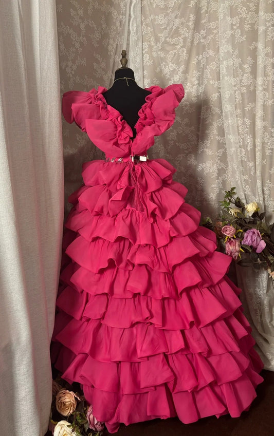 Dopamine Style V-Neck A-Line Sweet 16th Gowns Rhinestone Sequins Beading Ruffled Prom Dress AP2920