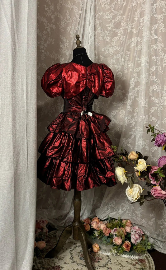 Modern A-Line Jewel Neck Short Sleeve Birthday Dresses Handmade Flowers Red Tiered Homecoming Dress AP2922