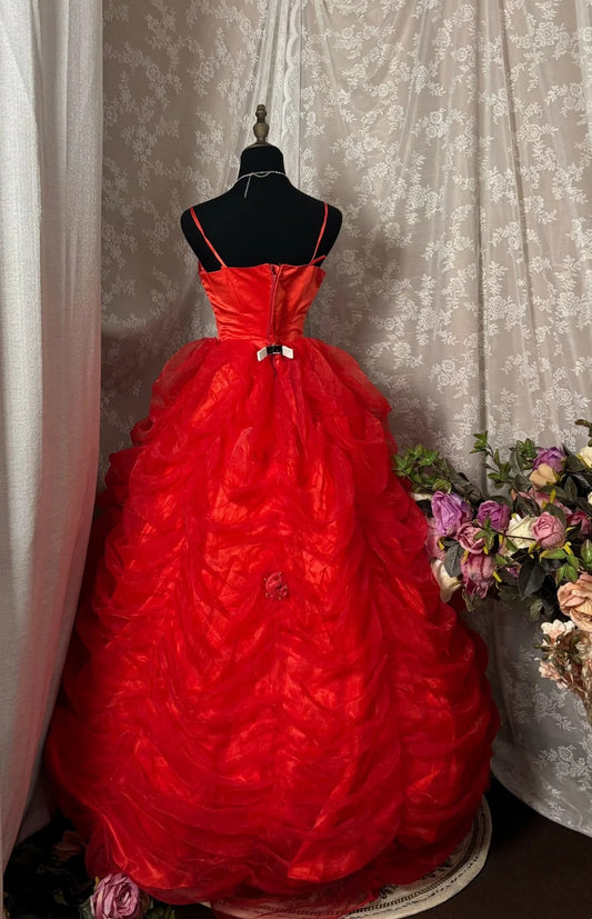 Fancy Spaghetti Strap A-Line Red Prom Dress Handmade Flowers Ruffled Tulle Evening Gowns AP2925