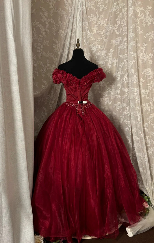 French Style Off-Shoulder A-Line Sweet 16th Dresses Handmade Flower Sequins Beading Ruffled Red Prom Dress AP2953
