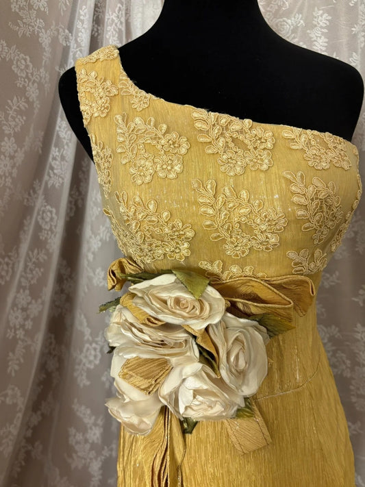 Simple One Shoulder Sheath Evening Gowns Handmade Flowers Sequins Appliques Prom Dress AP2955