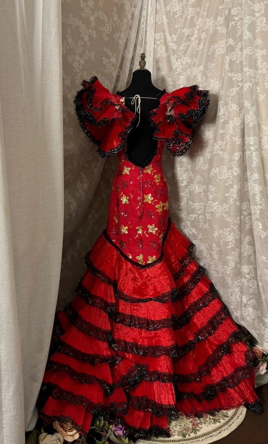 Dramatic Square Neck Mermaid Evening Dress Short Sleeve Sequins Tiered Prom Dress AP2956