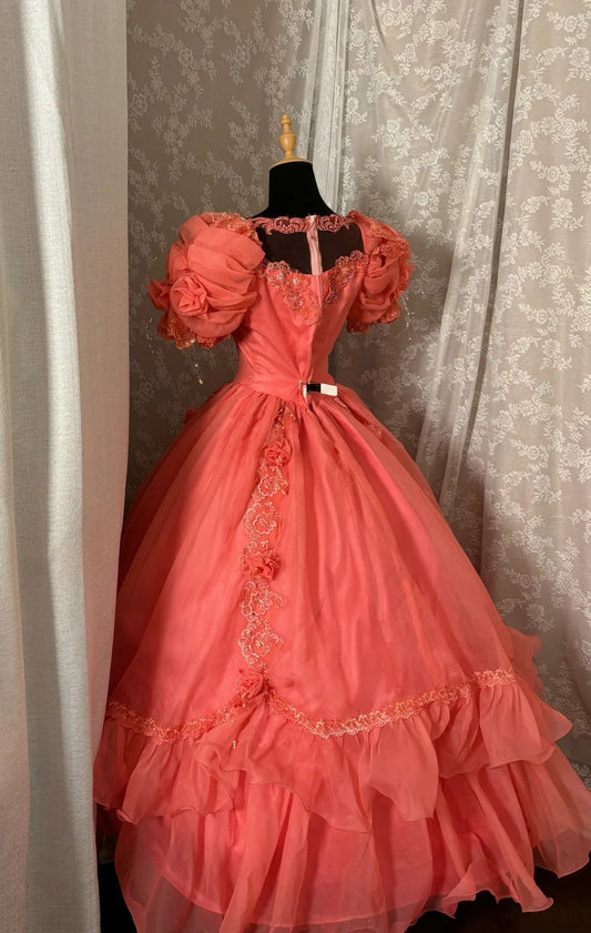 Delicate Jewel Neck A-Line Evening Gowns Beading Lace Appliques Handmade Flowers Puffy Sleeve Prom Dress AP2976