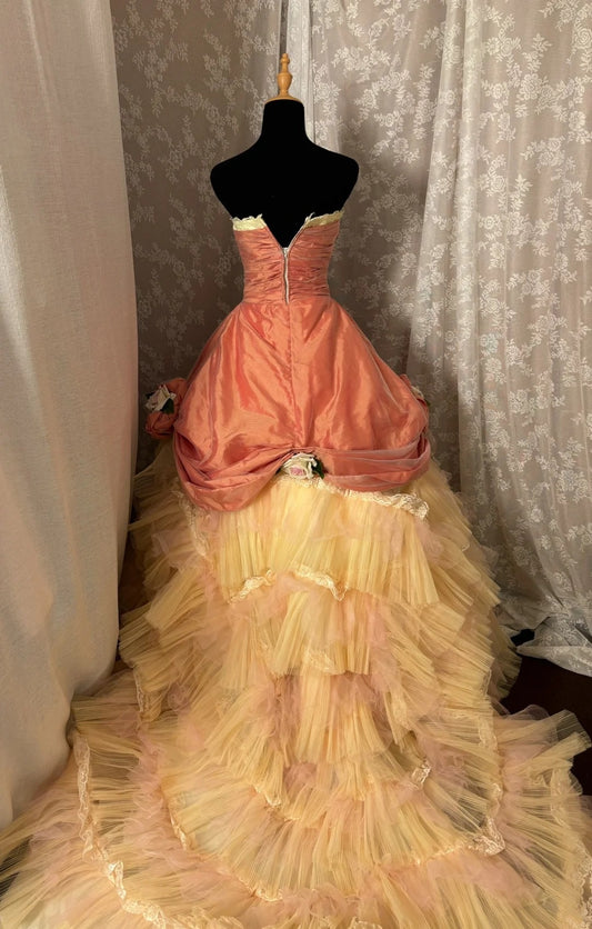 Hot Girls Strapless A-Line Evening Dress Appliques Sequins Lace Tiered Tulle Prom Dress AP2977