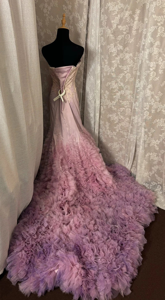 Fabulous Strapless Mermaid Evening Gowns Handmade Flowers Sequins Appliques Ruffled Tulle Prom Dress AP2980