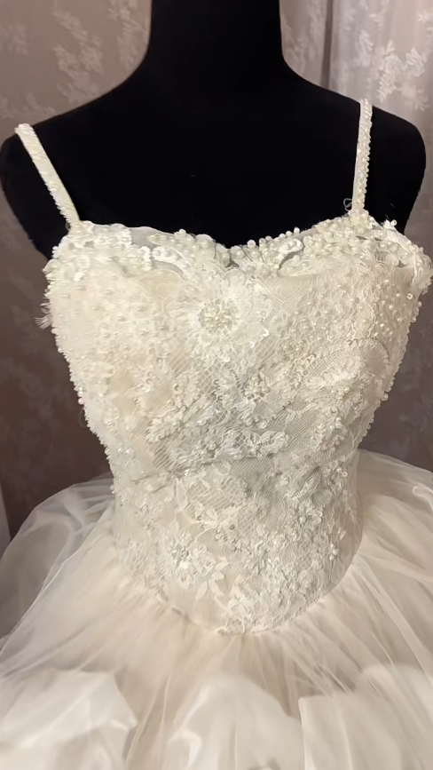 Glam A-Line Spaghetti Strap Bridal Gowns Beads Sequins Lace Handmade Flowers Long Wedding Dress AP2997