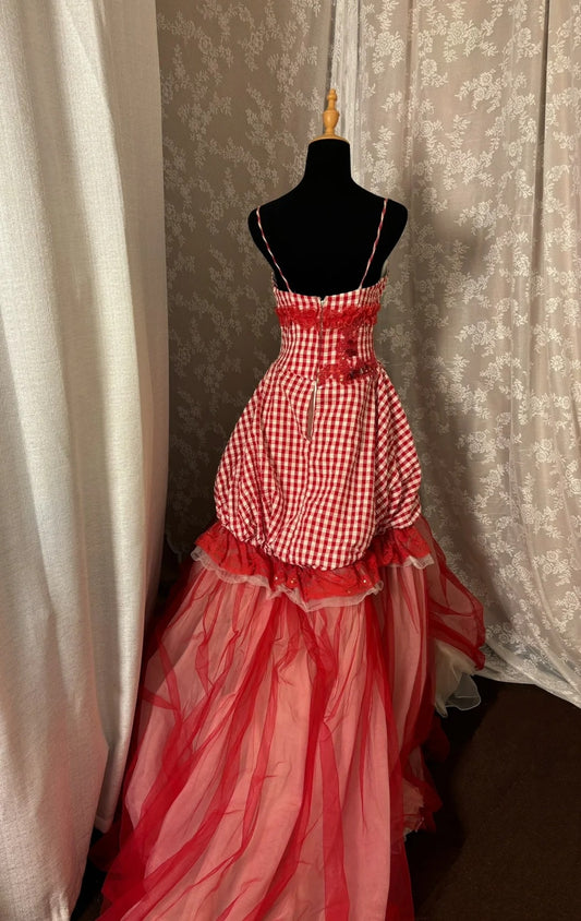 Red Plaid Spaghetti Straps A-Line Sweet 16th Ball Gowns Appliques Sequins Lace Prom Dress AP3004