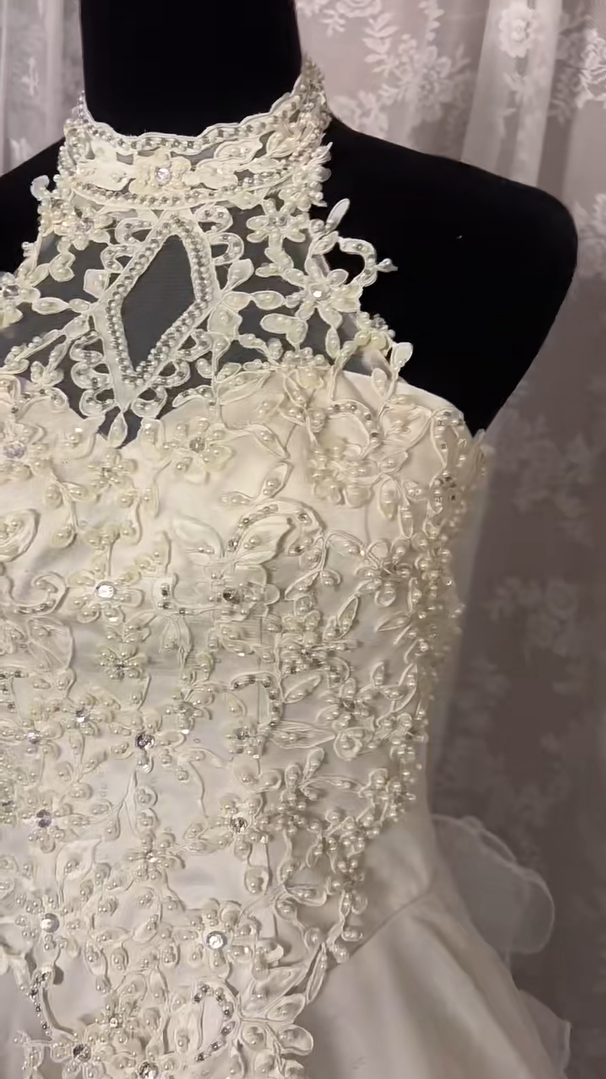 Exquisite A-Line Halter Neck Bridal Dresses Beads Appliques Sequins Handmade Flowers Wedding Dress AP3009