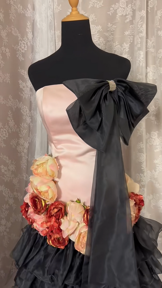 Dopamine Style Strapless A-Line Evening Ball Gowns Handmade Flowers Bow Ruffles Tulle Prom Dress AP3010