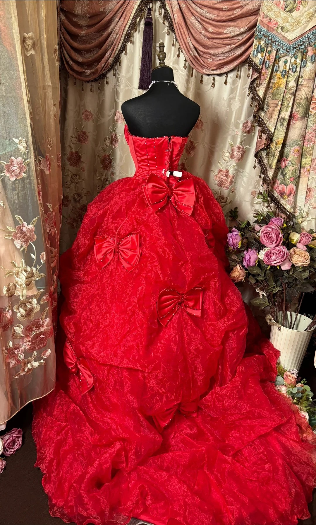 Maximalism Strapless A-Line Evening Gowns Bows Beads Prom Dress AP3025