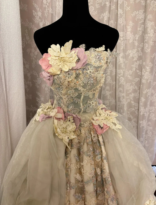 Gorgeous Strapless A-Line Sweet 16th Appliques Sequins Handmade Flowers Prom Dress AP3048