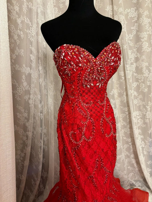 Stunning Strapless Mermaid Evening Gowns Sequins Beadings Ruffled Tulle Long Prom Dress AP3053