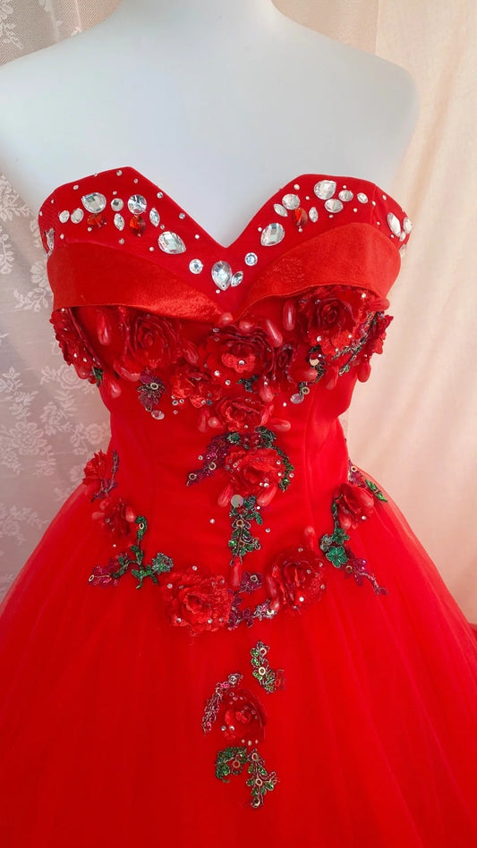 Unique Strapless A-Line Sweet 16th Gowns Crystals Sequins Appliques Red Prom Dress AP3055