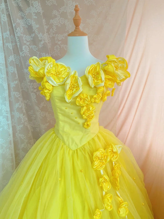 Dopamine Style A-Line V-Neck Evening Gowns Handmade Flowers Beads Yellow Prom Dress AP3061