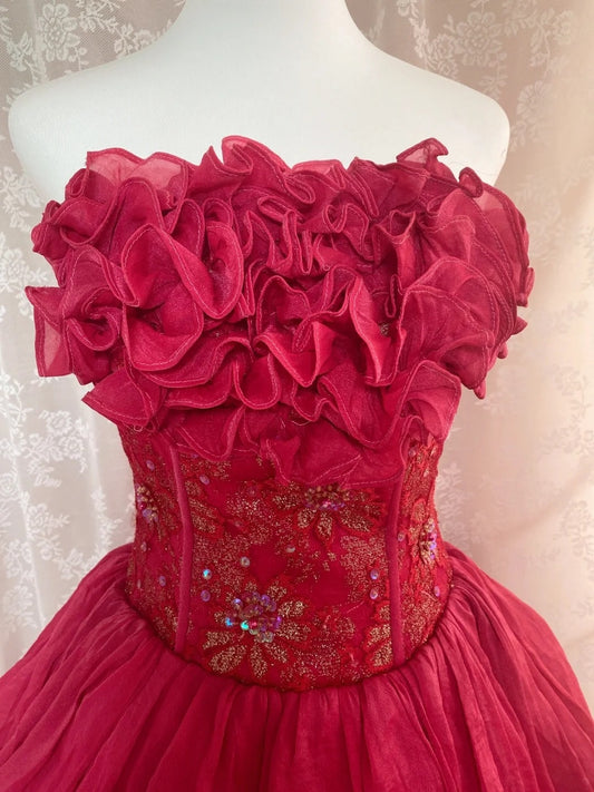 Adorable Strapless A-Line Sweet 16th Gowns Sequins Appliques Ruffles Tiered Prom Dress AP3065