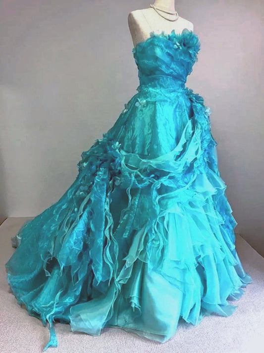 Graceful Strapless A-Line Ruffled Sweet 16th Gowns Beads Handmade Flowers Appliques Prom Dress AP3091