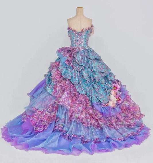 Sweet Strapless A-Line Ruffles Floral Formal Gowns Handmade Flowers Lace Tiered Prom Dress AP3095
